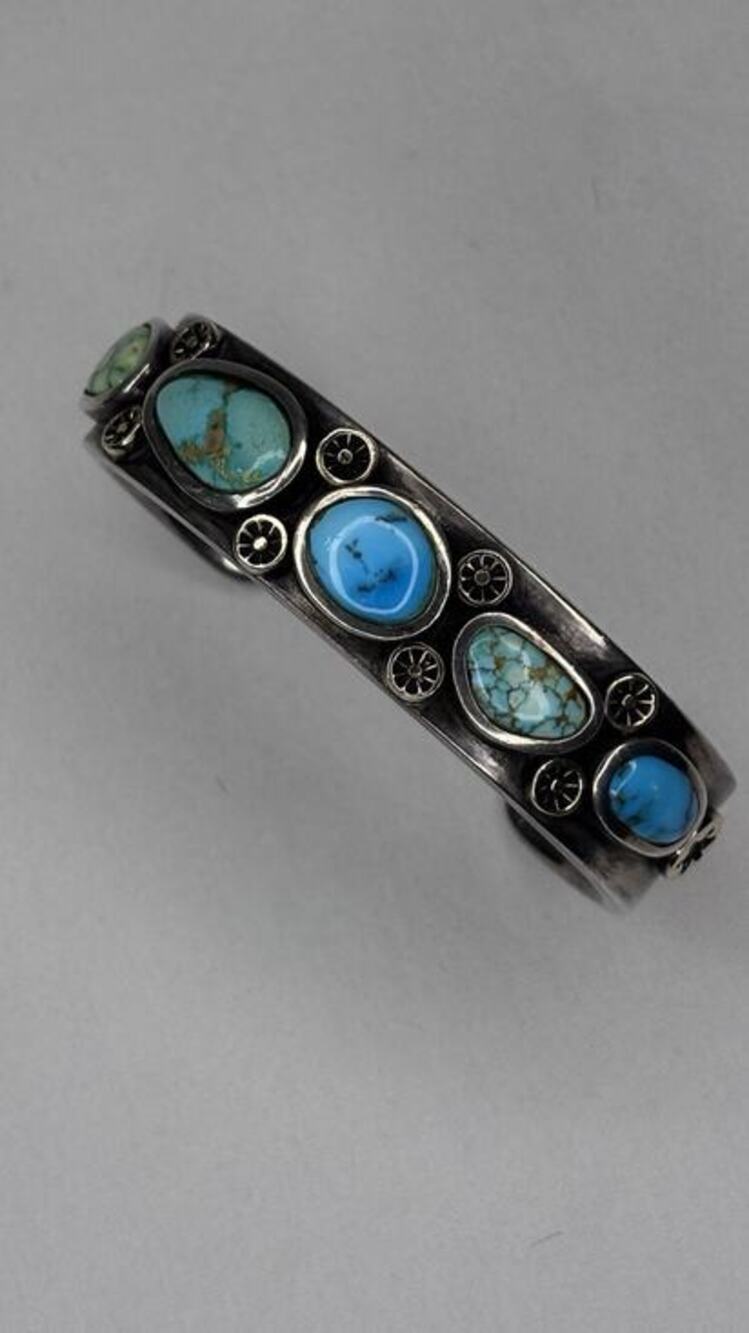 Vtg B.G.Koschtial 14K Gold Sterling Morenci Carico Lk Red Mtn Turquoise Cuff